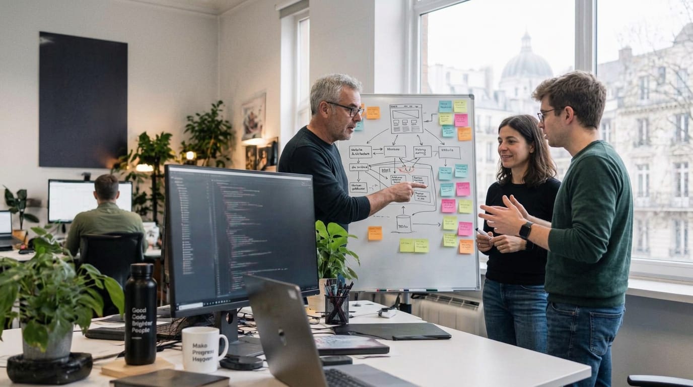 ExtraDigital designers and developers planning a website structure at a whiteboard