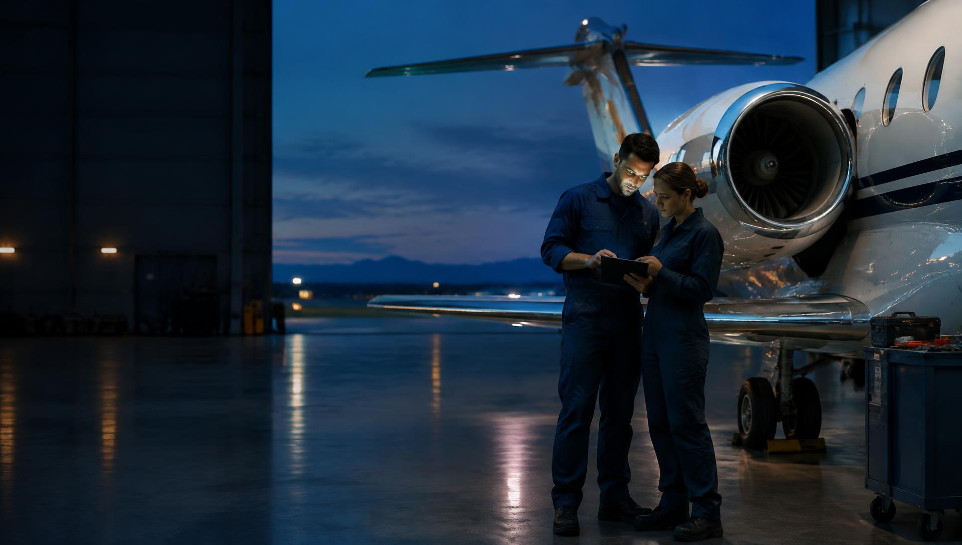 Engineers reviewing a tablet beside a business jet in a hangar