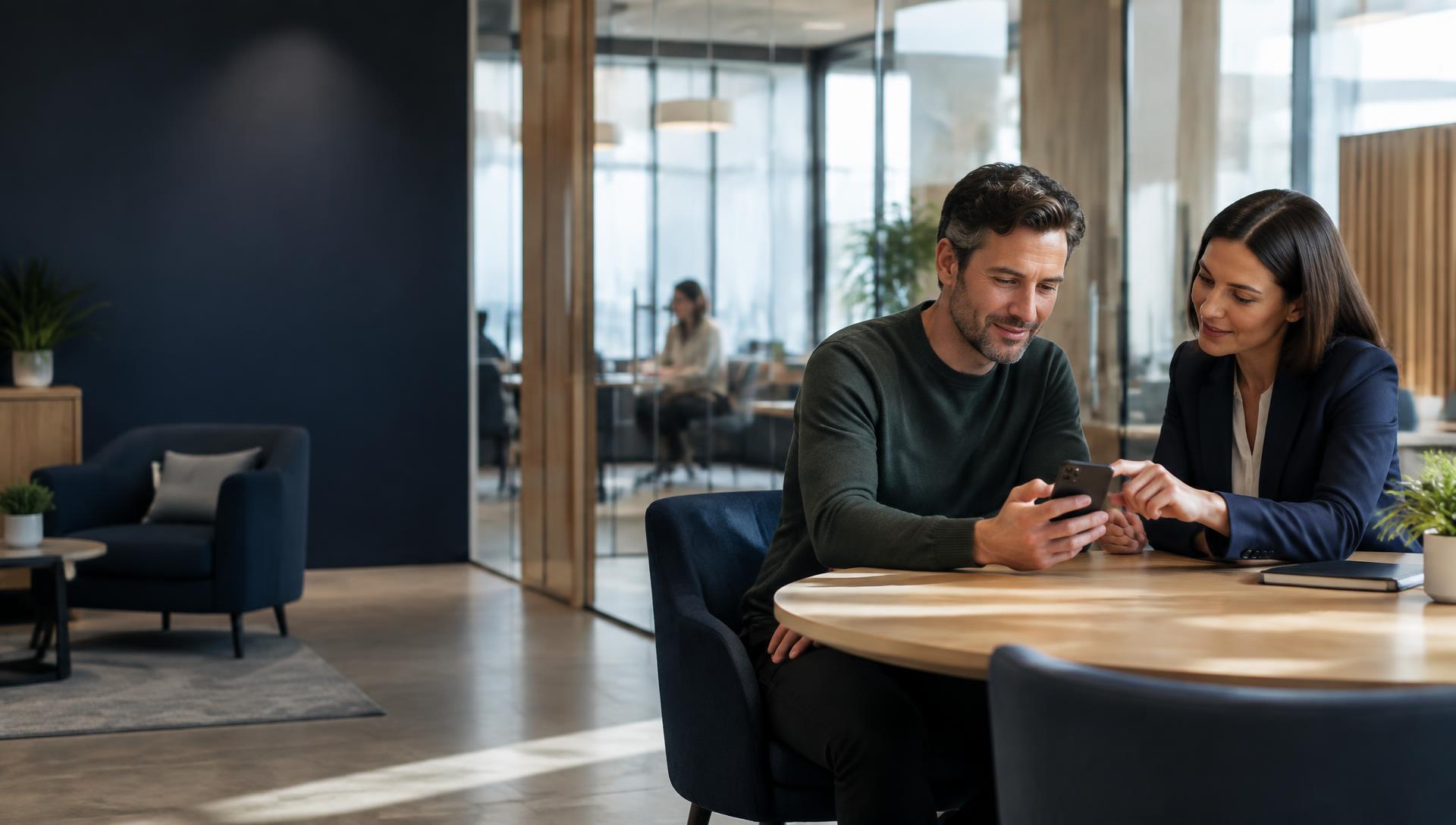 Customer and relationship manager reviewing a banking app