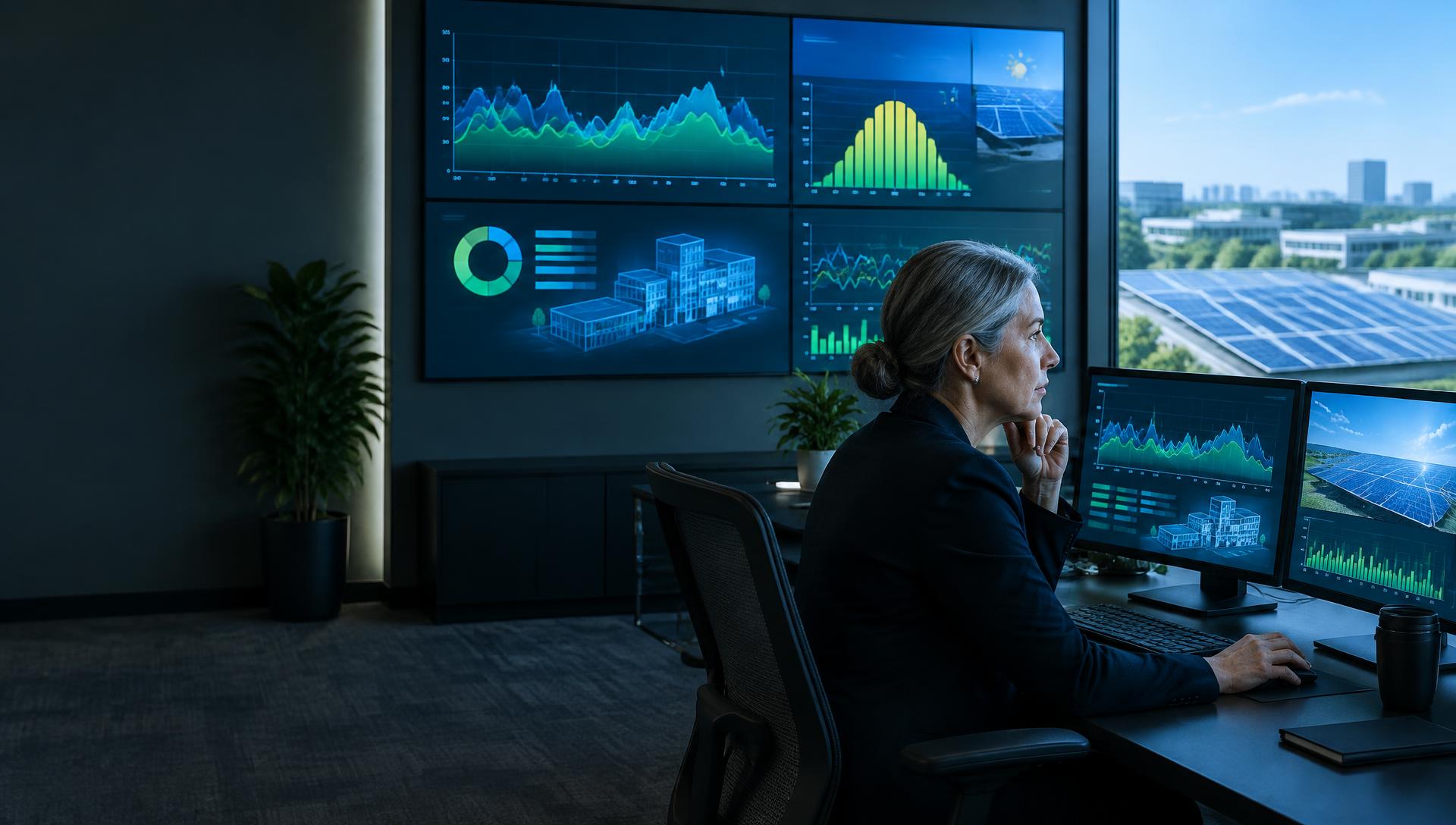 Operations manager reviewing live energy dashboards