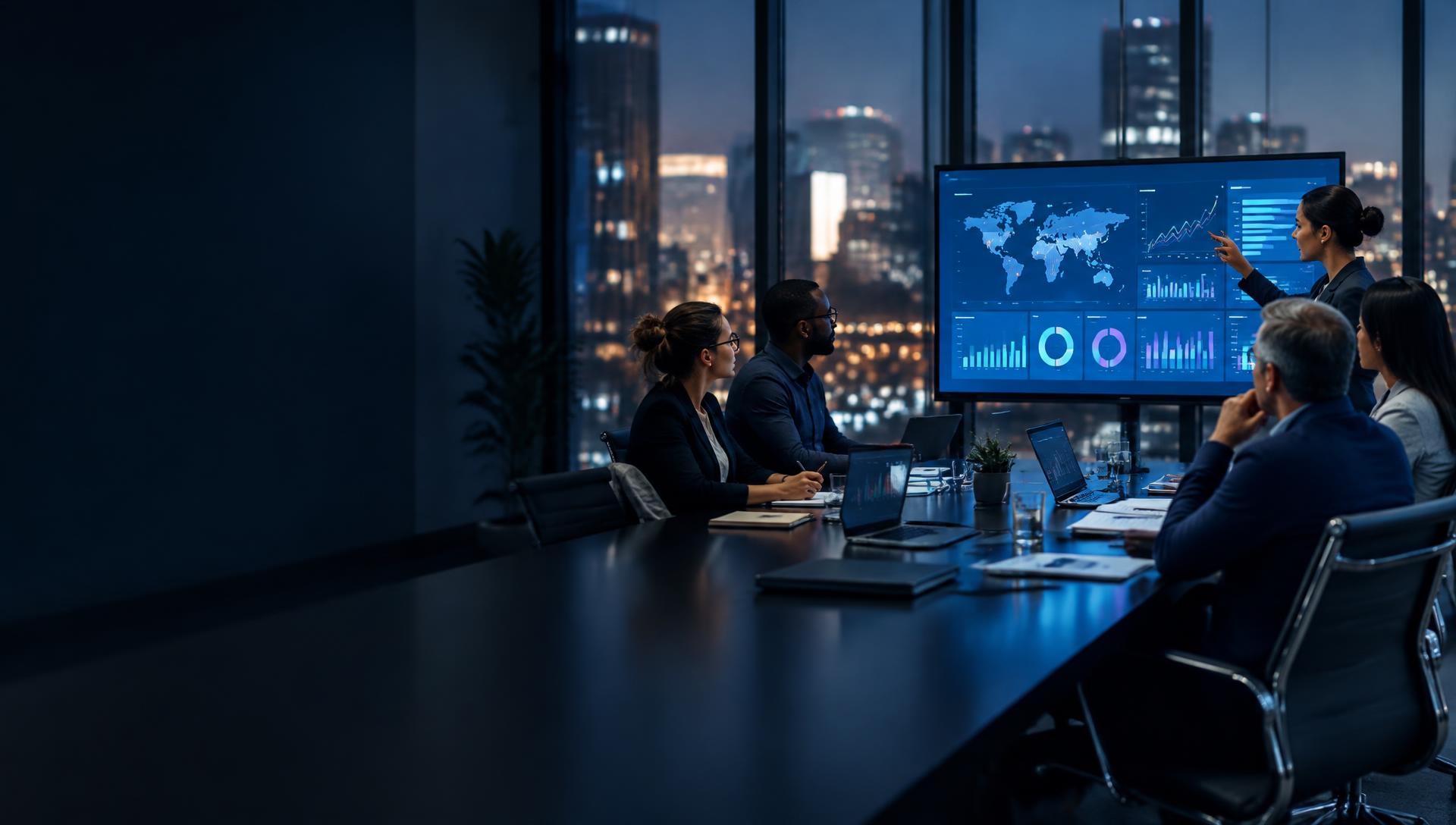 Team reviewing a multi-market performance dashboard in a boardroom
