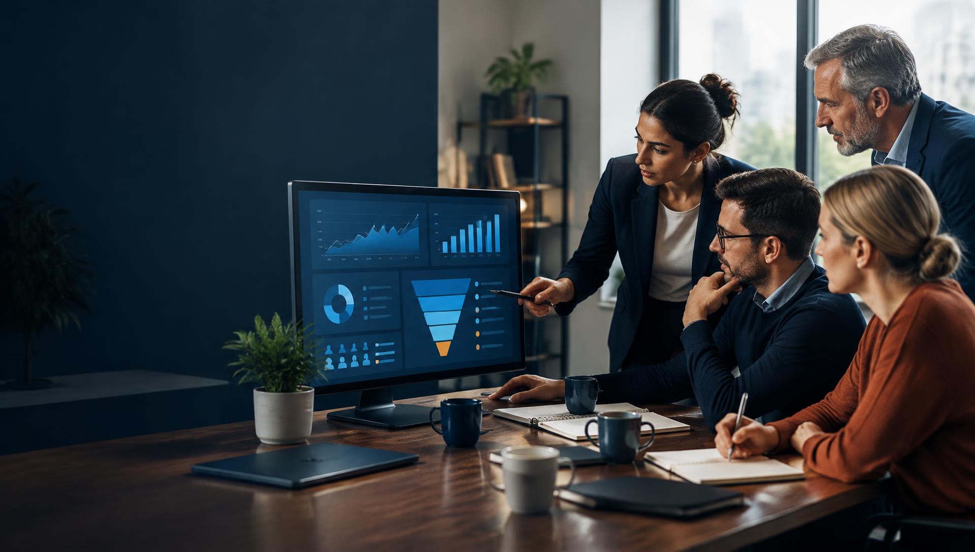 Finance team reviewing an acquisition funnel dashboard