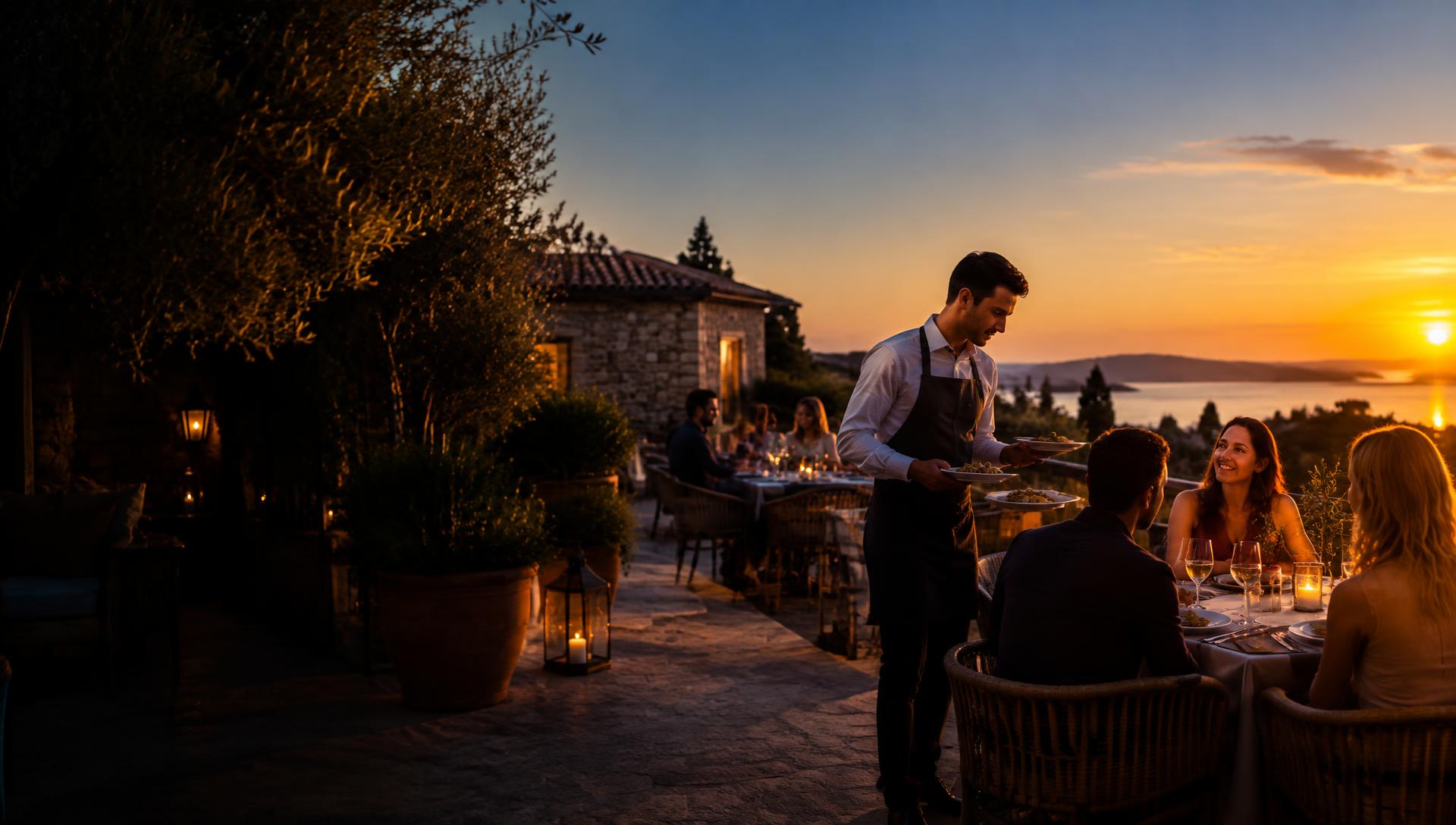 Waiter serving guests on a restaurant terrace at sunset