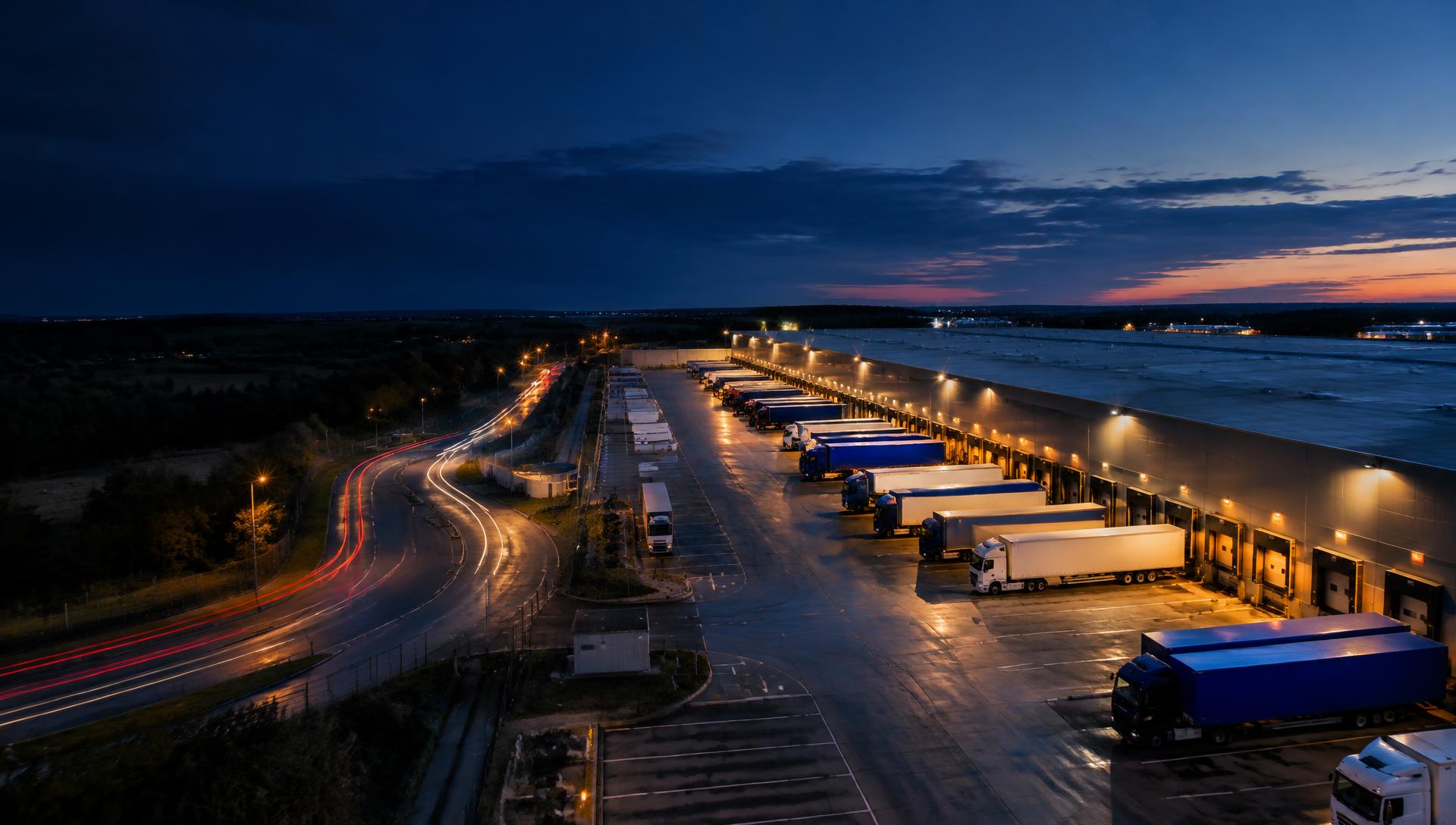 Distribution centre with lorries at loading bays at dusk