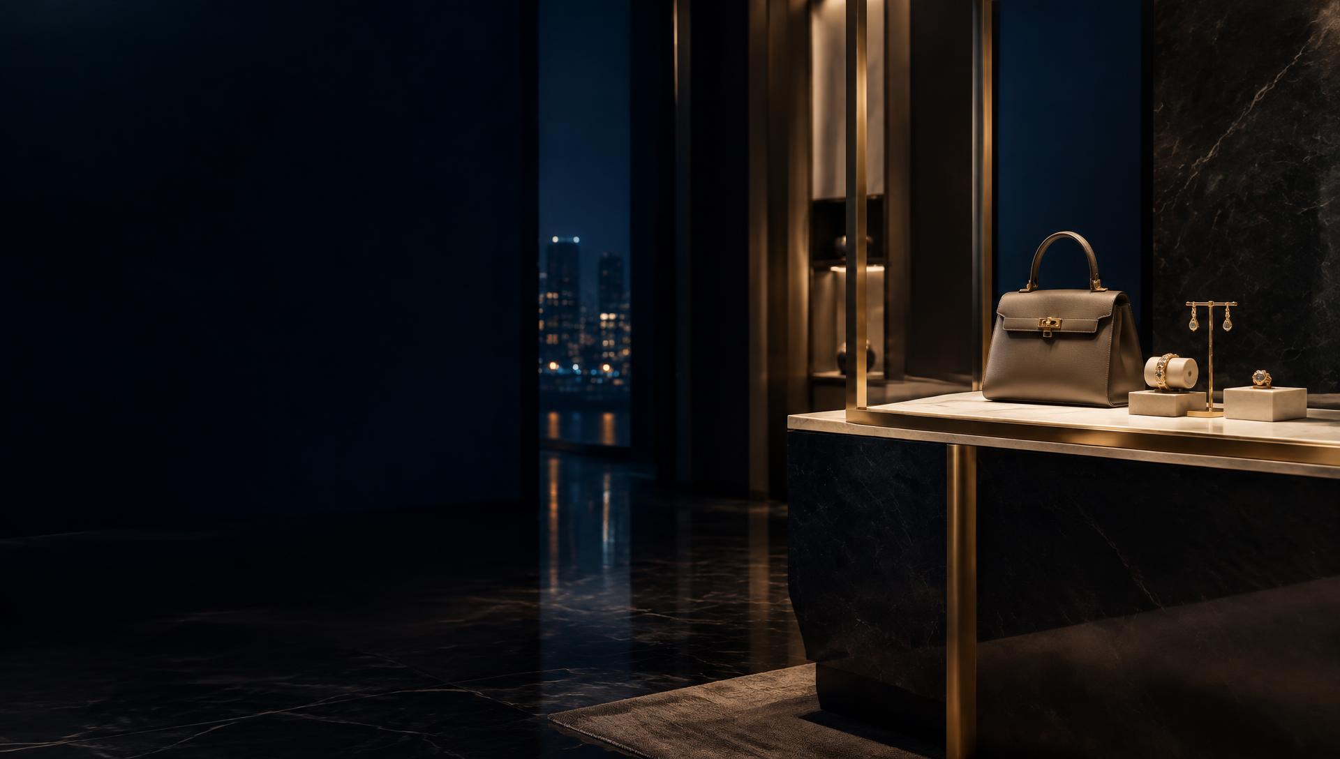 Luxury handbag and jewellery displayed in a dark boutique