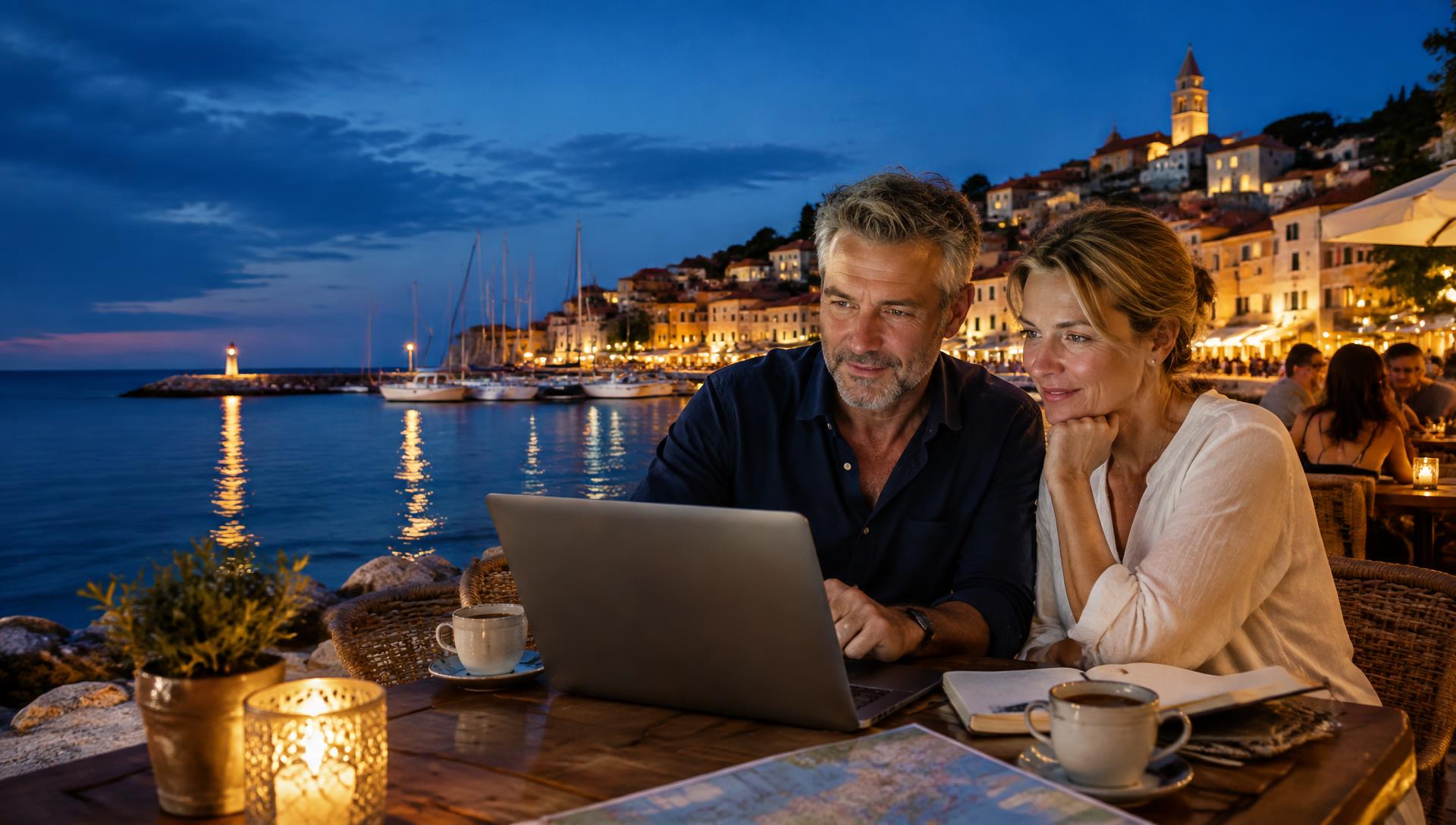 Couple planning a trip on a laptop at a harbour café