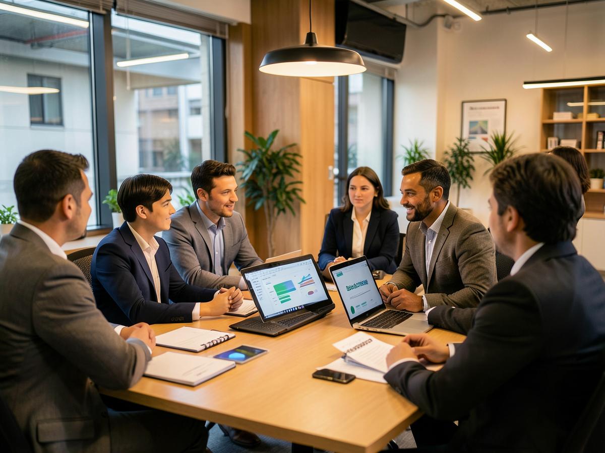 A team meeting around a table with laptops