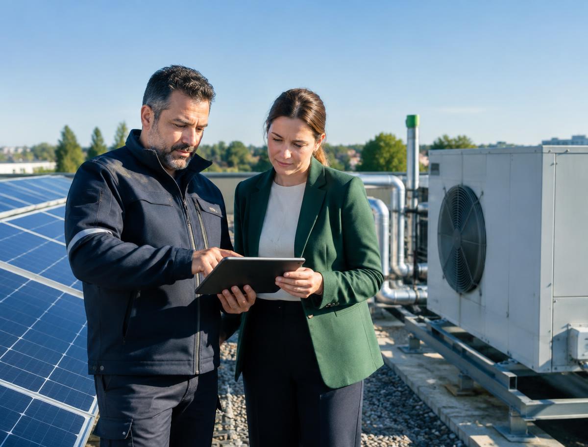 Facilities manager and sustainability consultant beside rooftop solar panels