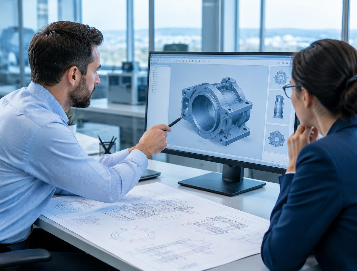 Sales engineer and procurement manager reviewing a 3D CAD model