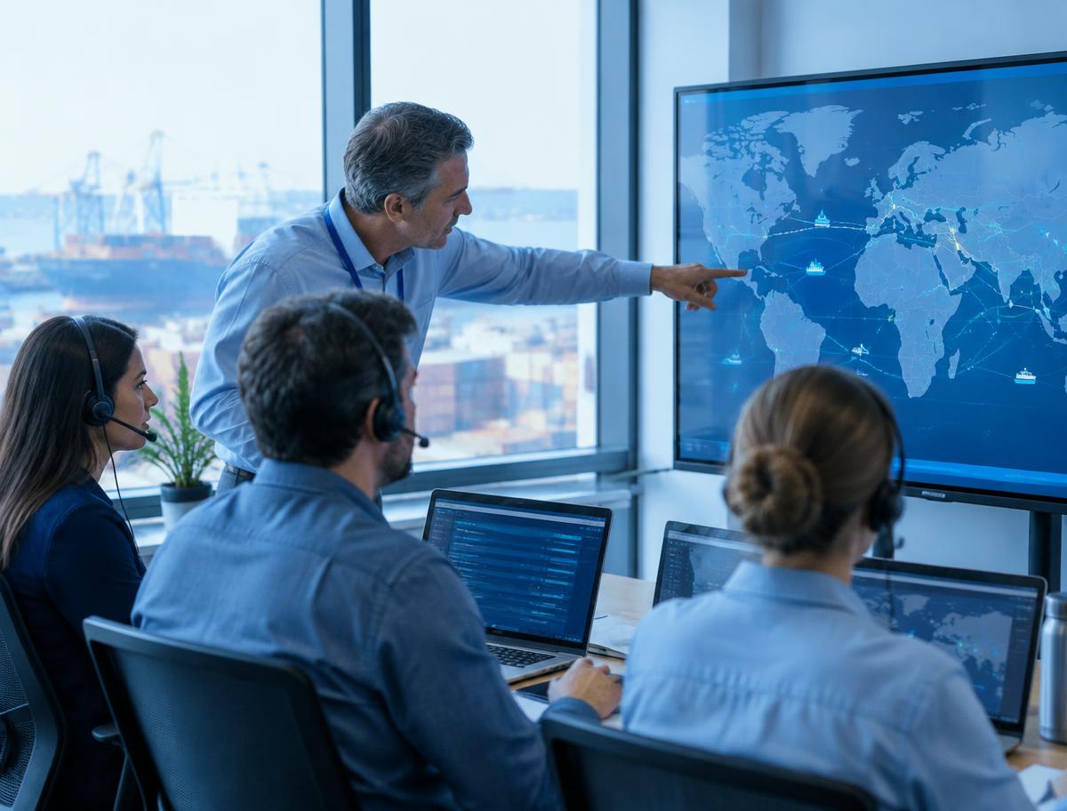 Supply chain planners reviewing a global shipment map
