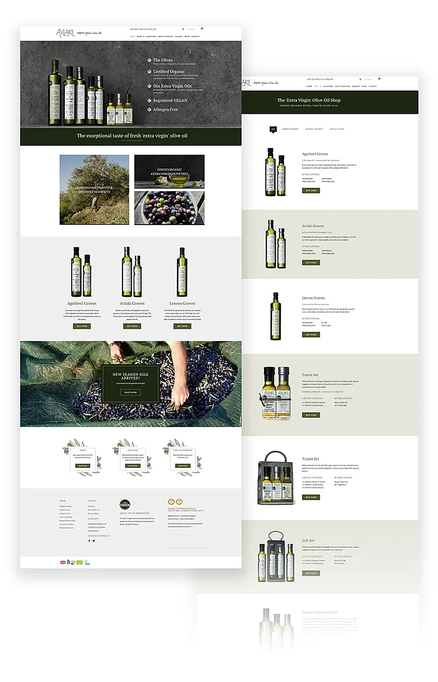 Avlaki home page and olive oil shop page, full length