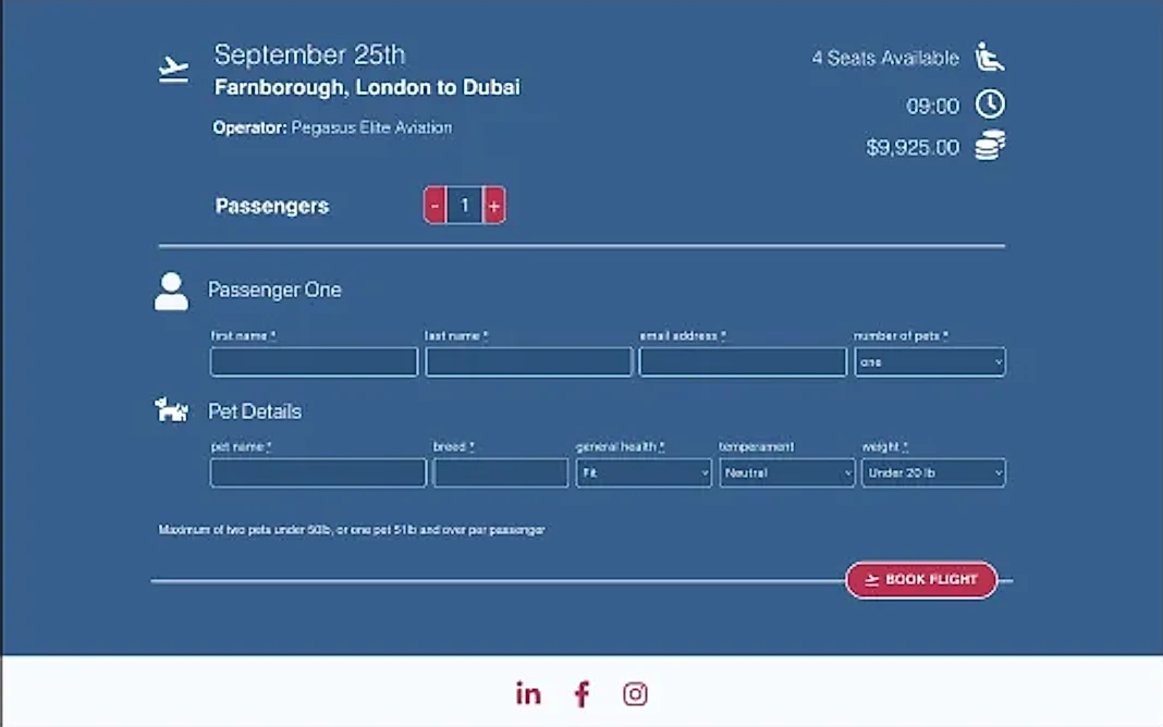 K9 JETS pay-per-seat booking step