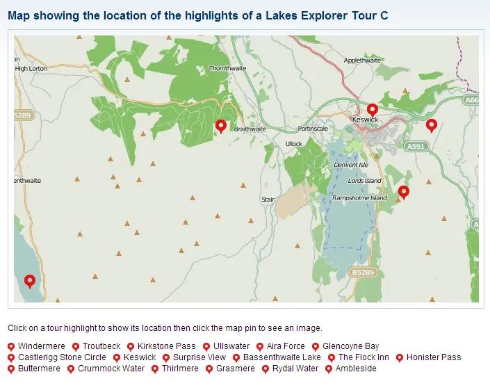 Interactive map of a Lakes Explorer tour route
